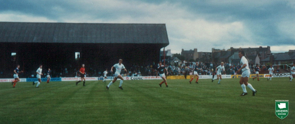 FC Seattle (white) playing at Dundee's Dens Park during the Storm's postseason U.K. tour. (Courtesy David Gillett)