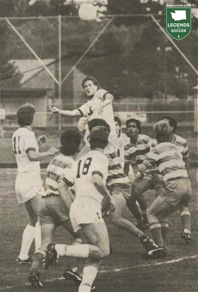 Brian Gardner, rising above the rest, finished his Pacific Lutheran career in 1989 with 49 goals. (Courtesy PLU archives)