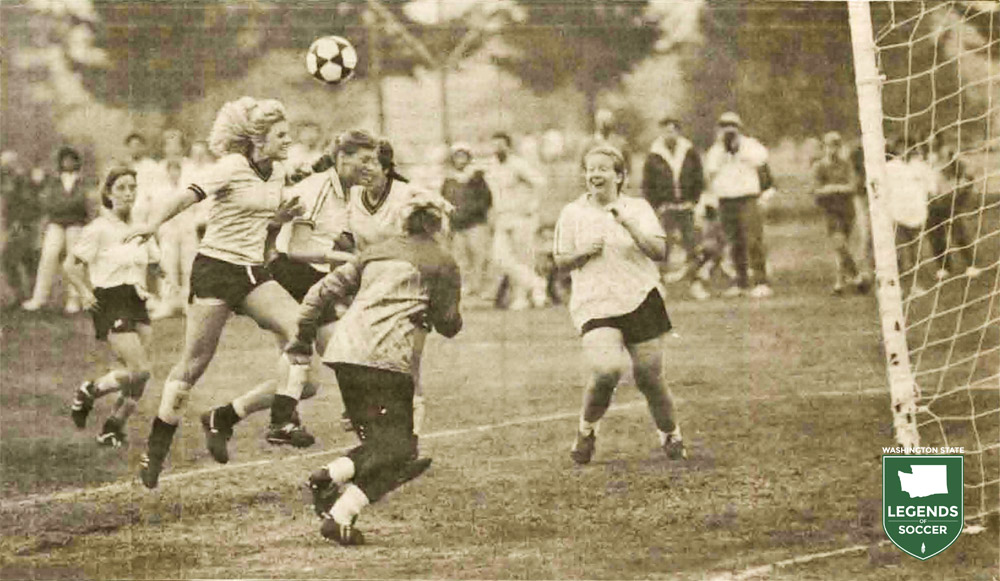 Shari Noah (l) scored the winning goal for Pacific Lutheran in the 1989 NAIA championship match (Courtesy PLU archives)