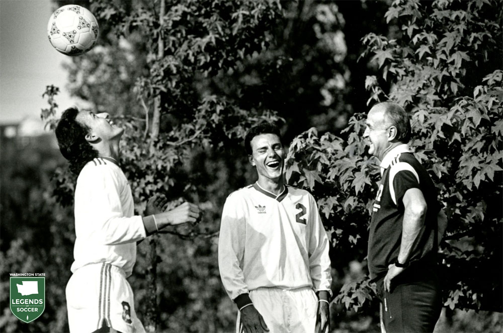 Seattle Pacific forward Vasco Rubio (left), defender Pat Patterson and coach Cliff McCrath. (Courtesy Seattle Pacific archives)