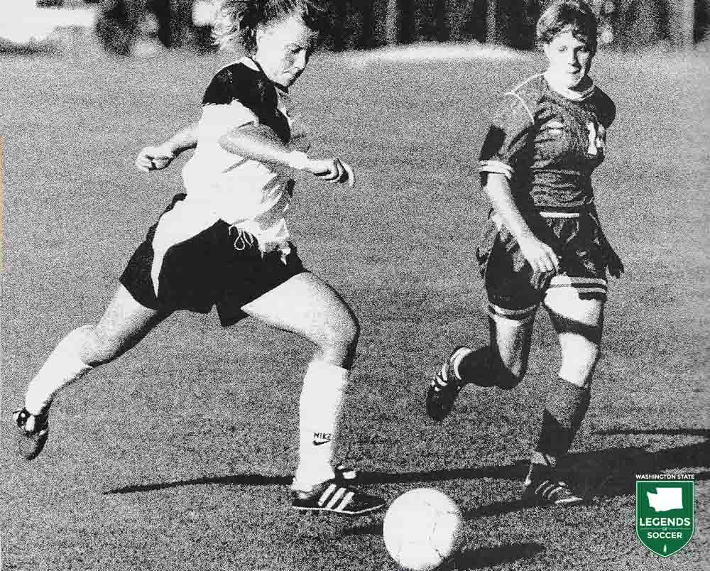 Action from a 1990 Pacific Lutheran women's game. (Courtesy Pacific Lutheran archives)